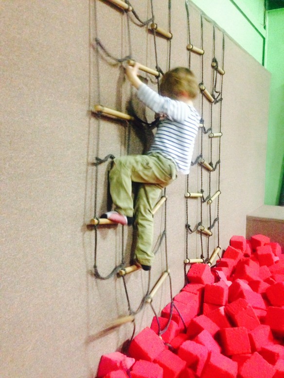 Martin, climbing above the foam-cube pit. Sorry about the photo quality; I was kind of balancing on the edge of the pit as I snapped pictures.